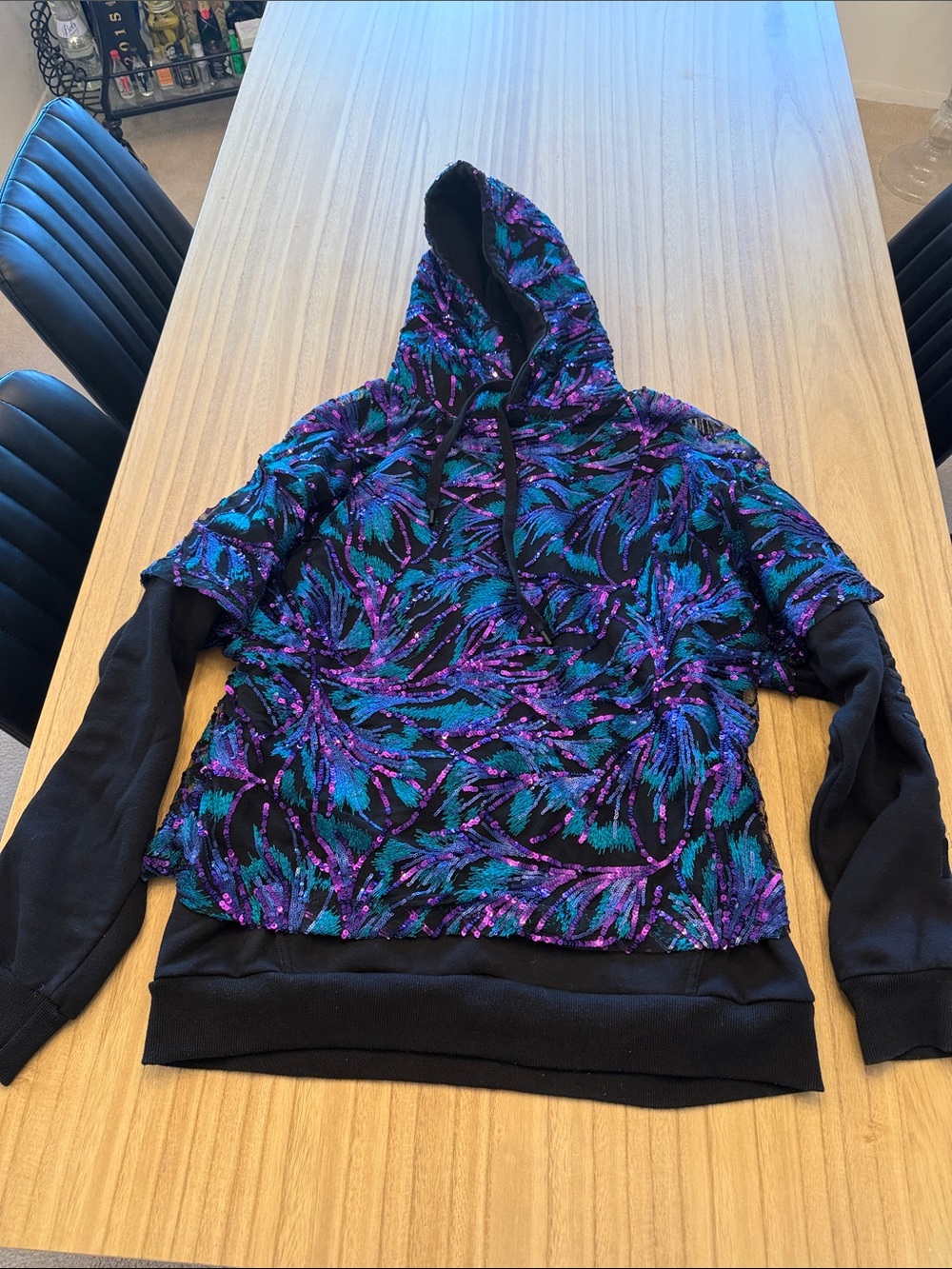 Black Hoodie Sweater with Blue & Purple Abstract Print